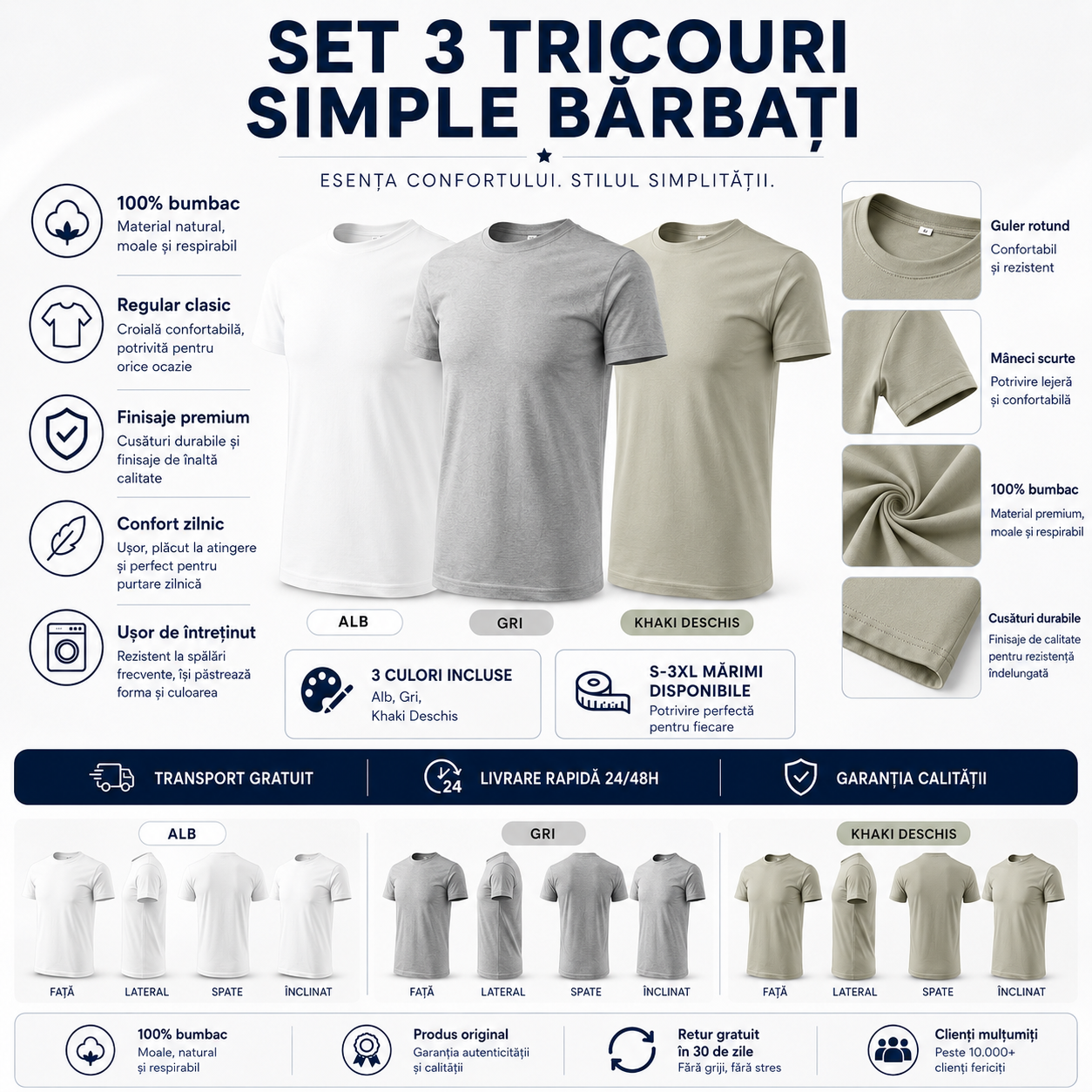 Set 3 tricouri bărbați 100% bumbac regular clasic alb gri &icirc;nchis și kaki deschis S-3XL